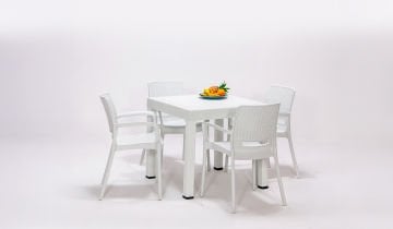 Rattan 80x80 Camsız Kollu Masa Takımı - Beyaz