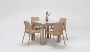 Rattan Small Kollu Camlı Masa Seti - Cappucino