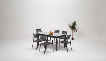 Lucia  Antrasit Camlı  Bahçe Masa Seti  (6 Sandalye Kollu - 90*150)