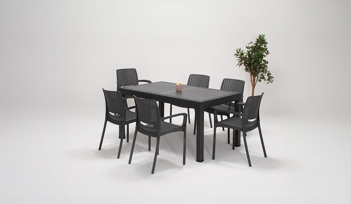 Rattan 6 Kişilik Kollu Masa Seti - Antrasit