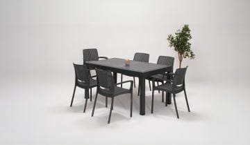 Rattan 6 Kişilik Kollu Masa Seti - Antrasit