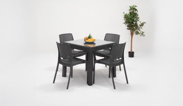 Rattan Small Kollu Camlı Masa Seti - Antrasit