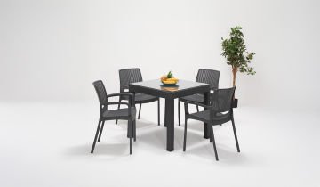 Rattan Small Kollu Camlı Masa Seti - Antrasit