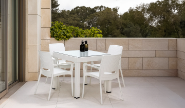 Rattan Small Kollu Camlı Masa Seti - Beyaz