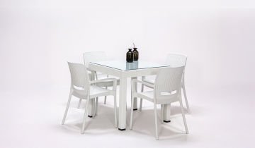 Rattan Small Kollu Camlı Masa Seti - Beyaz