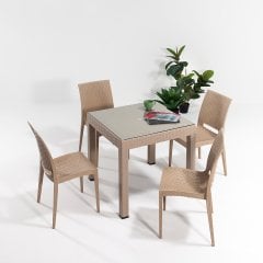 Rattan Small Camlı Masa Seti - Cappucino