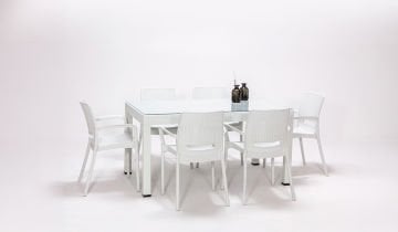 Rattan Large Kollu Camlı Masa Seti - Beyaz