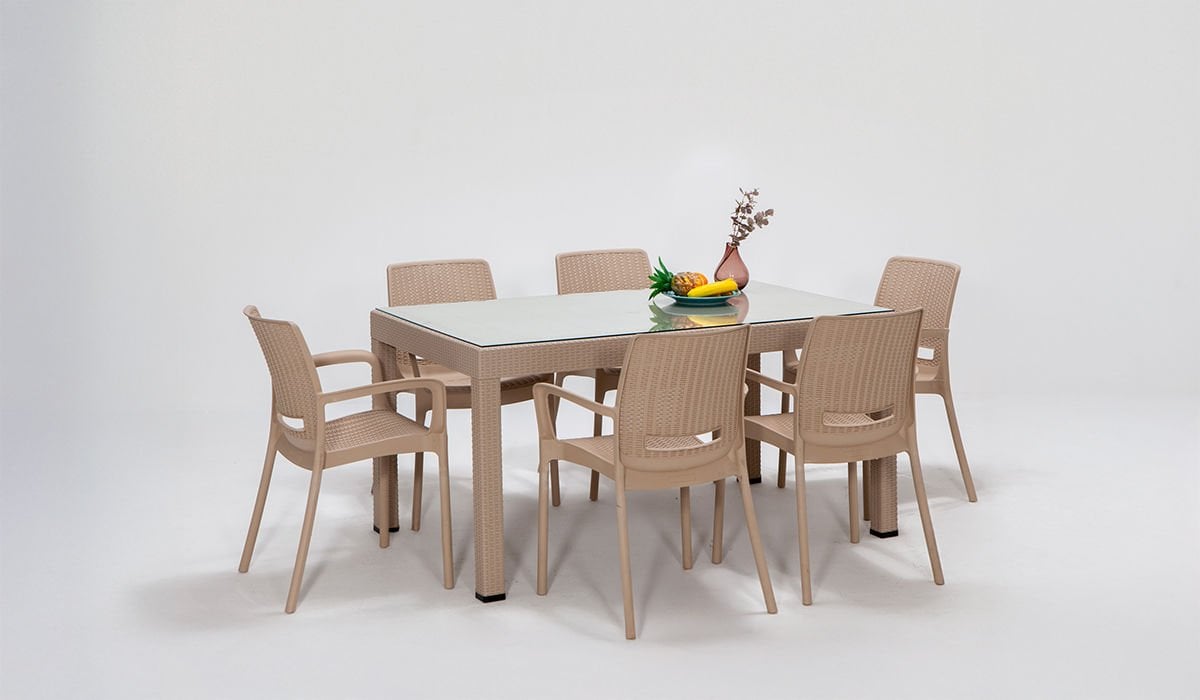 Rattan Large Kollu Camlı Masa Seti - Cappucino