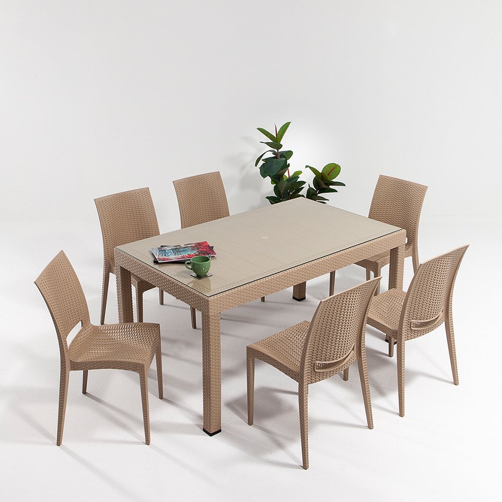 Rattan Large Camlı Masa Seti - Cappucino-Camlı