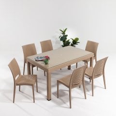 Rattan Large Camlı Masa Seti - Cappucino-Camlı