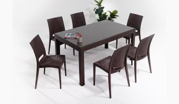 Rattan Large Camlı Masa Seti (Kahve)